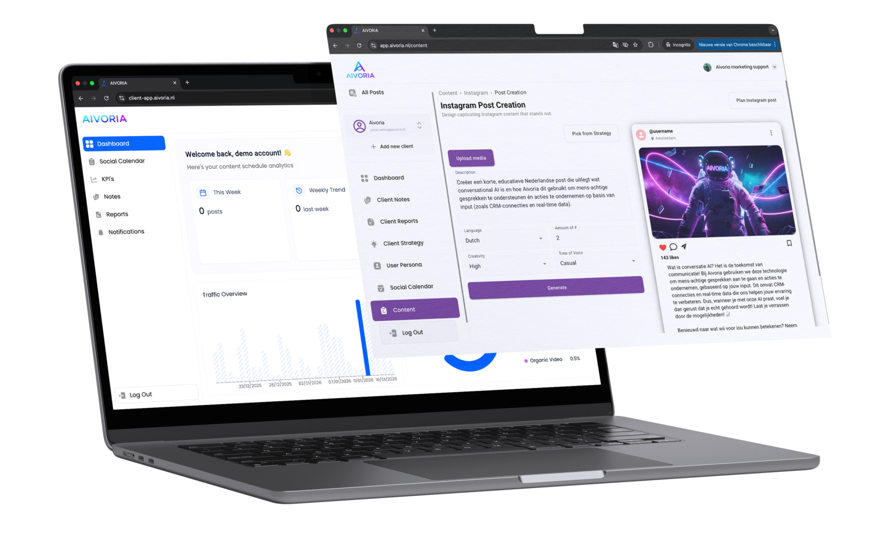 Aivoria AI platform dashboard voor contentcreatie en social media marketing.