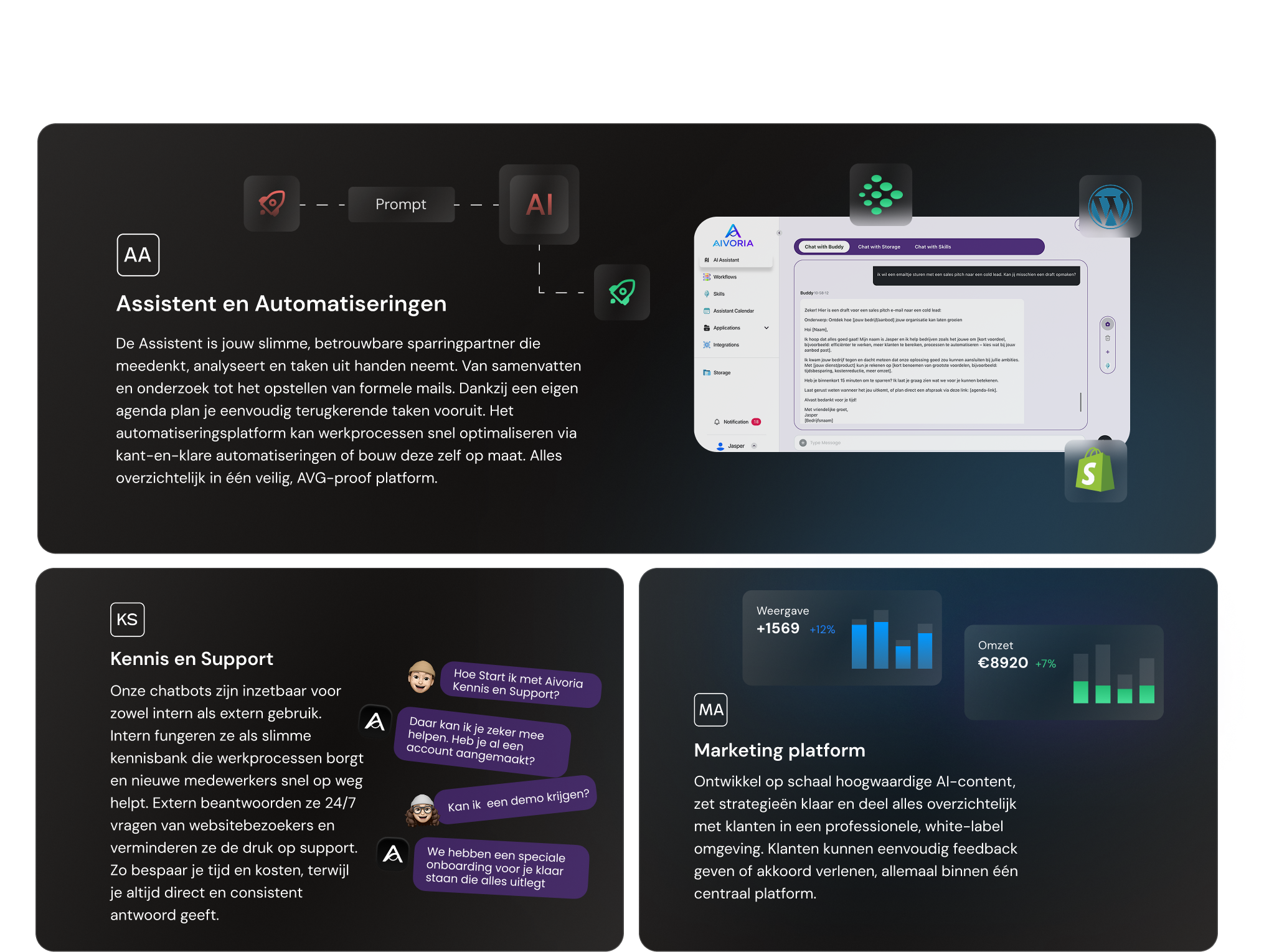 Overzicht van het Aivoria AI-platform met modules voor assistent, automatiseringen, kennisbank en marketing.