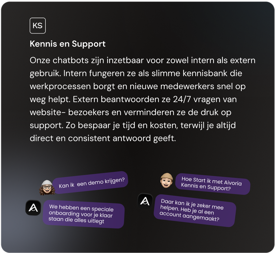 Aivoria AI chatbot voor kennisbeheer en klantondersteuning via een slimme kennisbank.